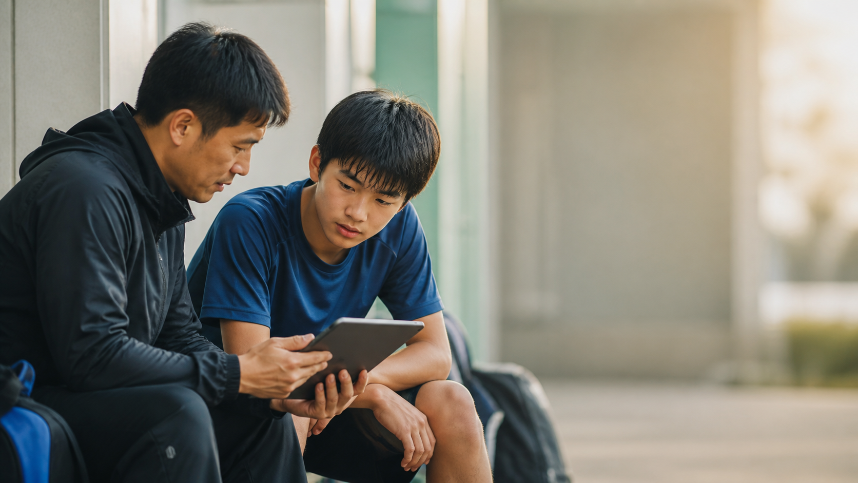指導者と選手がタブレットでプレー映像を振り返る様子